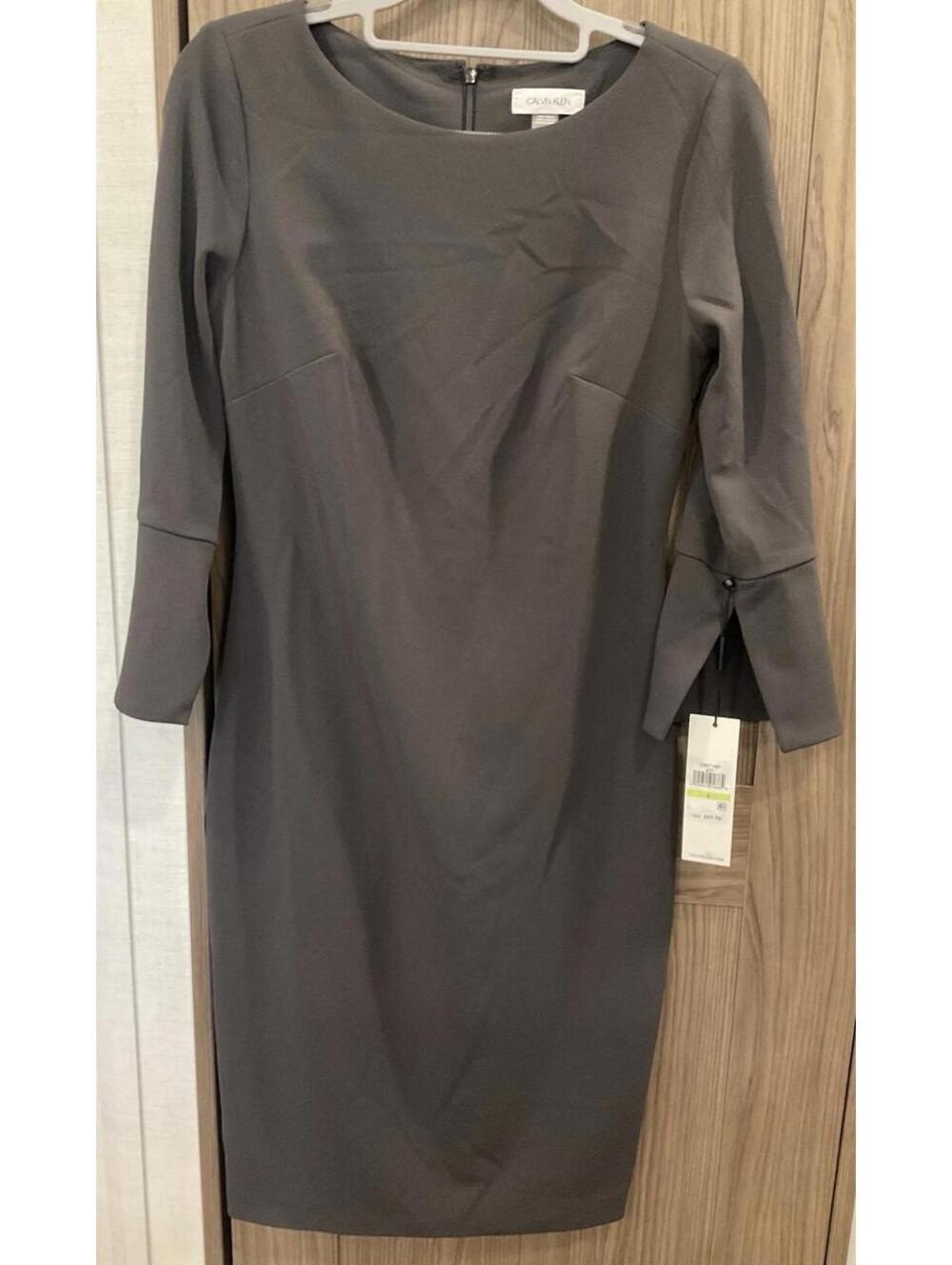 NWT Calvin Klein Womens 3/4 Slit Bell Sleeve Gray Round Neck ZIP Back Dress SZ 4